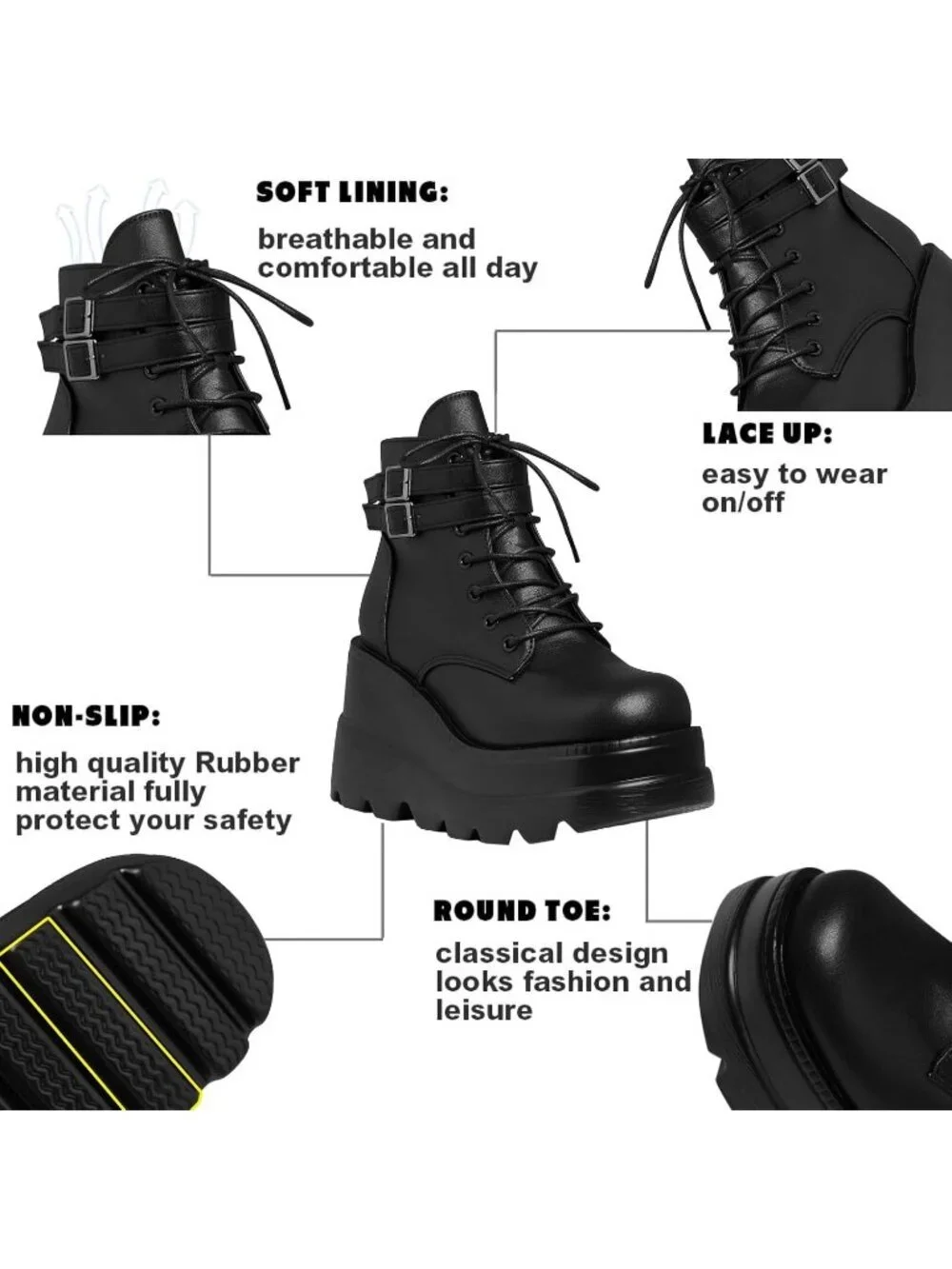 Women's Black Polyurethane Platform Chunky Stylish Lace Up Round Toe Ankle Boots